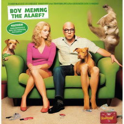 A movie poster for a loveable comedy featuring a 28-year-old white man who is balding but has some hair and wears glasses, a tan-colored pitbull, and a small blonde woman lurking in the background