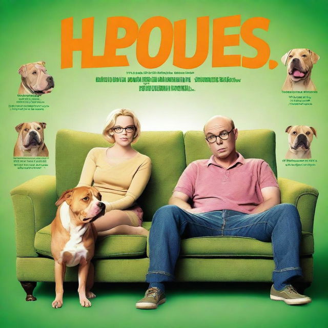 A movie poster for a loveable comedy featuring a 28-year-old white man who is balding but has some hair and wears glasses, a tan-colored pitbull, and a small blonde woman lurking in the background