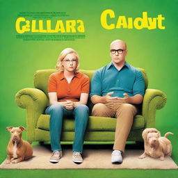 A movie poster for a loveable comedy featuring a 28-year-old white man who is balding but has some hair and wears glasses, a tan-colored pitbull, and a small blonde woman lurking in the background