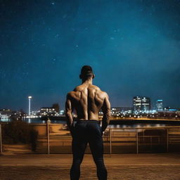 A view from behind of an athletic man standing in the city of Hull at night