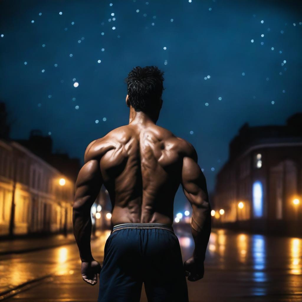 A view from behind of an athletic man standing in the city of Hull at night