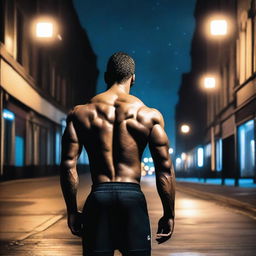 A view from behind of an athletic man standing in the city of Hull at night