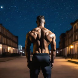 A view from behind of an athletic man standing in the city of Hull at night