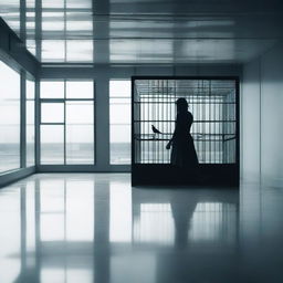 A glass floor with a young woman walking away in the distance