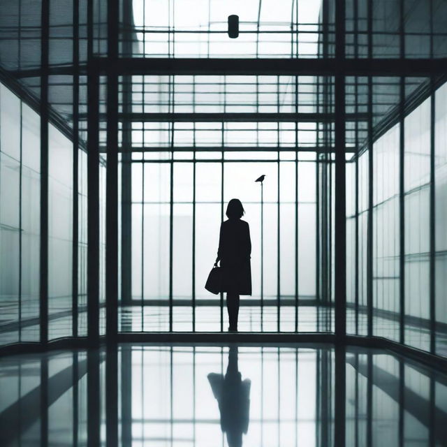 A glass floor with a young woman walking away in the distance