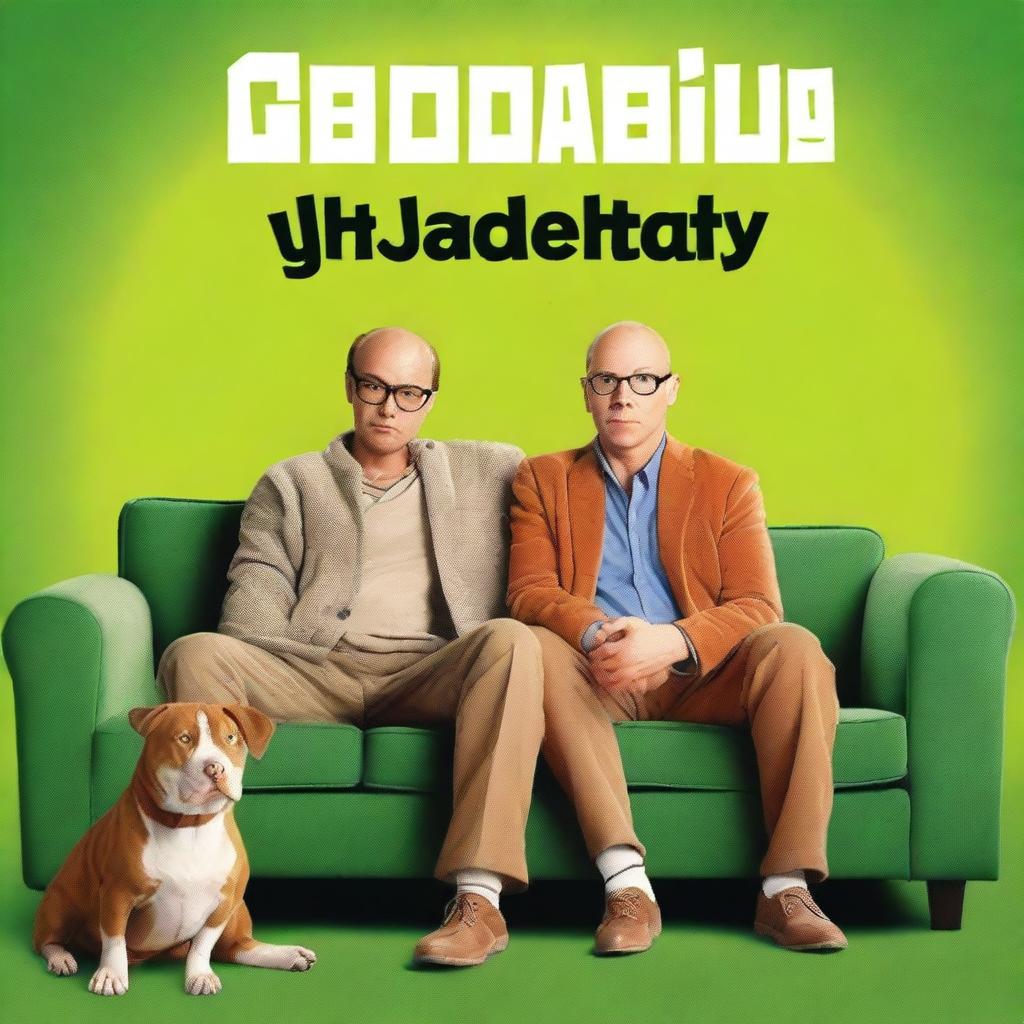 A movie poster for a loveable comedy featuring a 28-year-old white man who is balding but has some hair, wears glasses, and a tan-colored pitbull