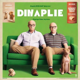 A movie poster for a loveable comedy featuring a 28-year-old white man who is balding but has some hair, wears glasses, and a tan-colored pitbull