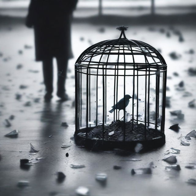 Shards of glass scattered on the ground with a young woman walking away in the distance