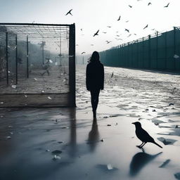 Shards of glass scattered on the ground with a young woman walking away in the distance