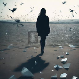 Shards of glass scattered on the ground with a young woman walking away in the distance