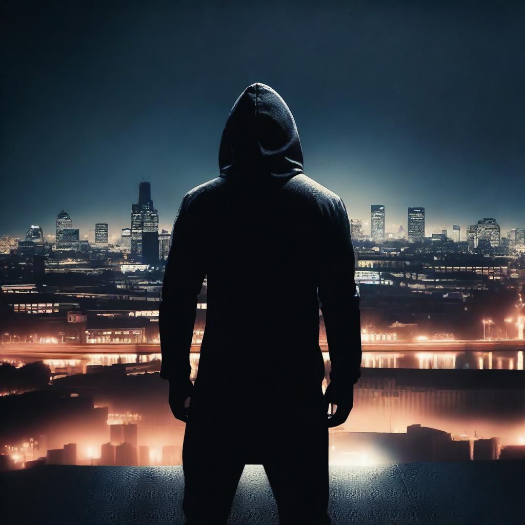 A view from behind of a hooded athletic man standing and looking at the city of Hull at night