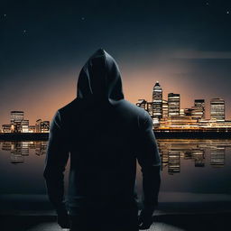 A view from behind of a hooded athletic man standing and looking at the city of Hull at night