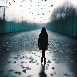 Shards of glass scattered on the ground with a young woman walking away in the distance, seen from behind