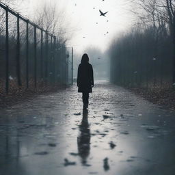 Shards of glass scattered on the ground with a young woman walking away in the distance, seen from behind