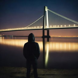 A hooded athletic man stands with his back to the viewer, looking at the Humber Bridge at night