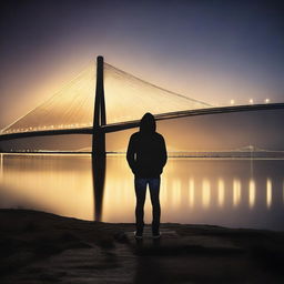 A hooded athletic man stands with his back to the viewer, looking at the Humber Bridge at night