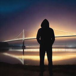 A hooded athletic man stands with his back to the viewer, looking at the Humber Bridge at night