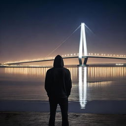 A hooded athletic man stands with his back to the viewer, looking at the Humber Bridge at night