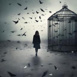 Shards of glass scattered on the ground with a young woman walking away in the distance, seen from behind