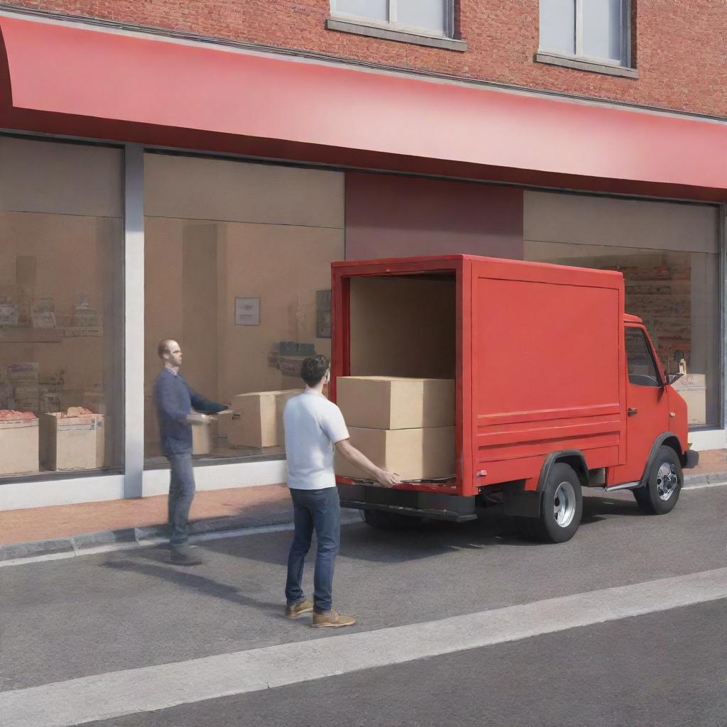 A 3D rendering of a man handing a box to another man inside a store. In the street outside the store, there's a red truck.