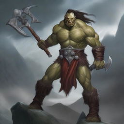 A fierce half-orc male barbarian wielding a double axe