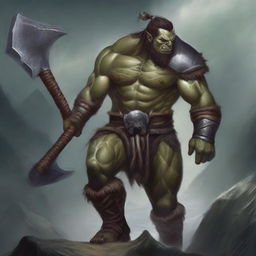 A fierce half-orc male barbarian wielding a double axe