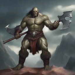 A fierce half-orc male barbarian wielding a double axe