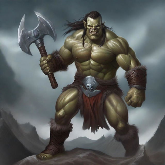 A fierce half-orc male barbarian wielding a double axe