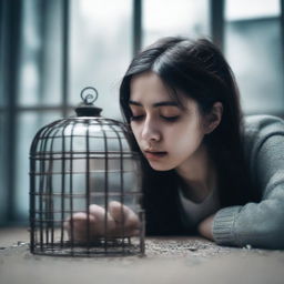 A young woman is looking at a small cage