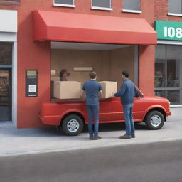 A 3D rendering of a man handing a box to another man inside a store. In the street outside the store, there's a red truck.