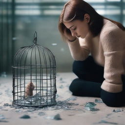 A young woman is looking at a small cage