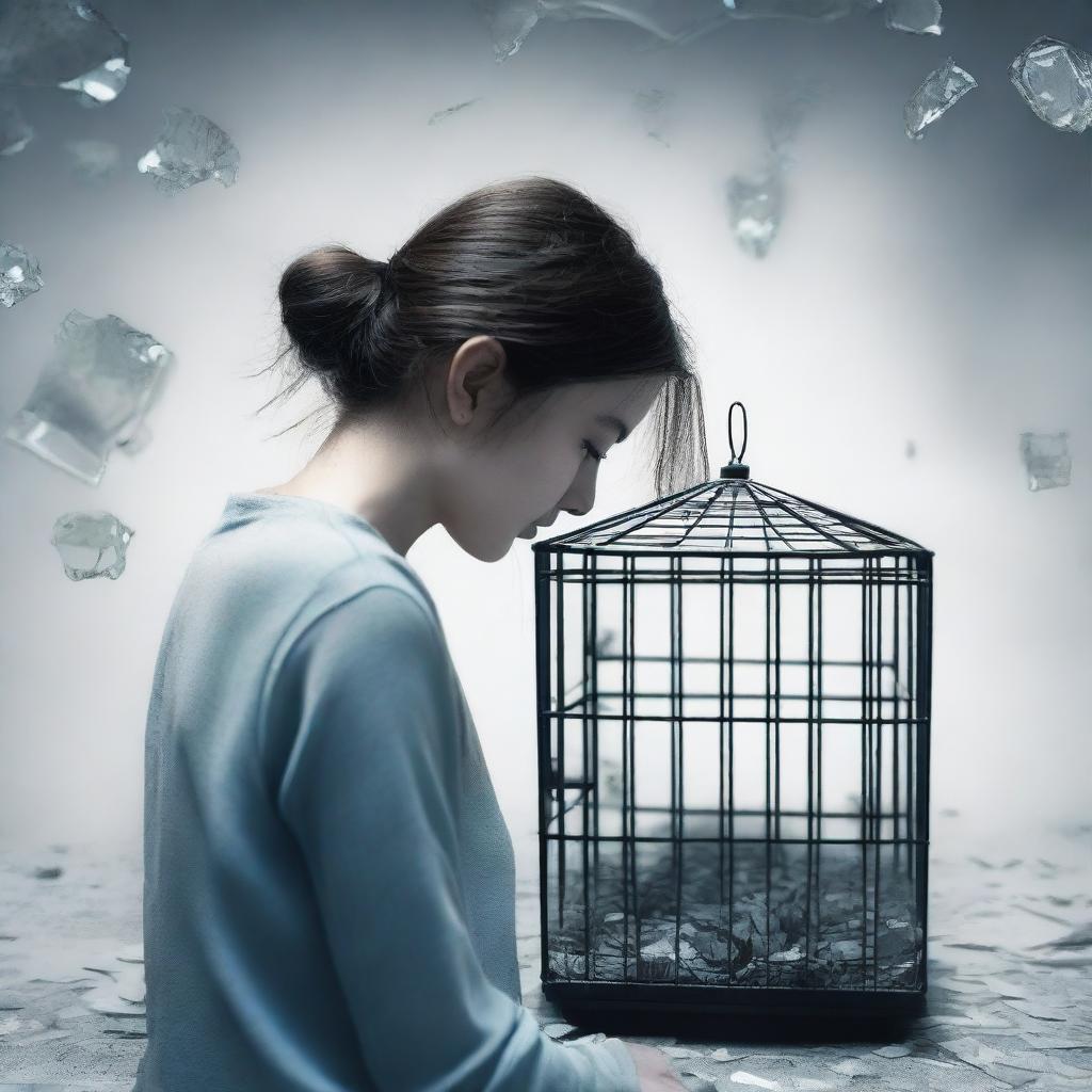 A young woman is looking at a small cage