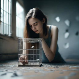 A young woman is looking at a small cage