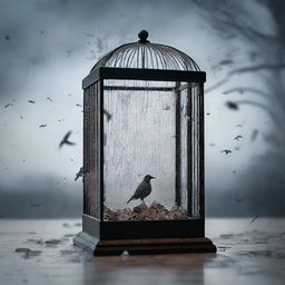 A landscape with trees in the distance, a rain of glass shards falling from the sky, and a bird inside a small cage