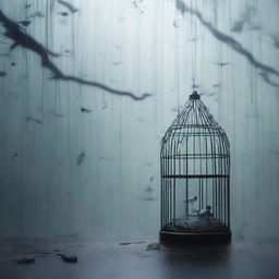 A landscape with trees in the distance, a rain of glass shards falling from the sky, and a bird inside a small cage