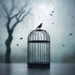 A landscape with trees in the distance, a rain of glass shards falling from the sky, and a bird inside a small cage