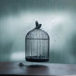 A landscape with trees in the distance, a rain of glass shards falling from the sky, and a bird inside a small cage