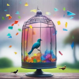 A colorful landscape with trees in the distance, a rain of vibrant glass shards falling from the sky, and a bird inside a small, colorful cage