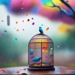 A colorful landscape with trees in the distance, a rain of vibrant glass shards falling from the sky, and a bird inside a small, colorful cage