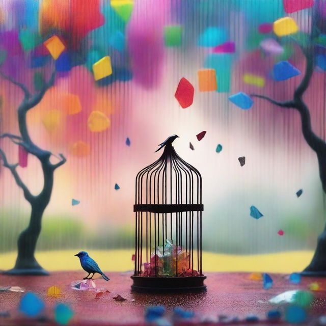 A colorful landscape with trees in the distance, a rain of vibrant glass shards falling from the sky, and a bird inside a small, colorful cage