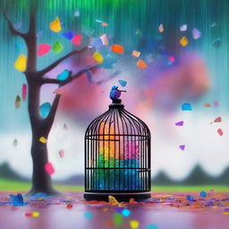 A colorful landscape with trees in the distance, a rain of vibrant glass shards falling from the sky, and a bird inside a small, colorful cage