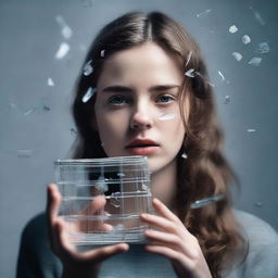 A young woman holding a small cage, with shards of glass scattered across the scene