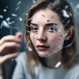 A young woman holding a small cage, with shards of glass scattered across the scene