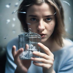 A young woman holding a small cage, with shards of glass scattered across the scene