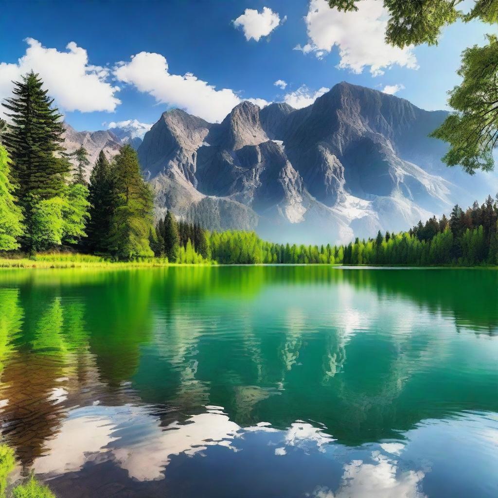 A beautiful landscape featuring a serene lake surrounded by mountains and trees, with a clear blue sky and fluffy white clouds