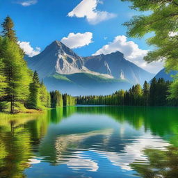 A beautiful landscape featuring a serene lake surrounded by mountains and trees, with a clear blue sky and fluffy white clouds