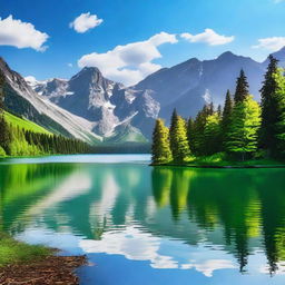 A beautiful landscape featuring a serene lake surrounded by mountains and trees, with a clear blue sky and fluffy white clouds