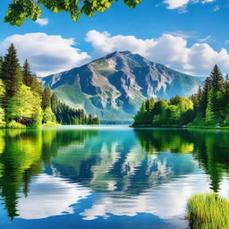 A beautiful landscape featuring a serene lake surrounded by mountains and trees, with a clear blue sky and fluffy white clouds