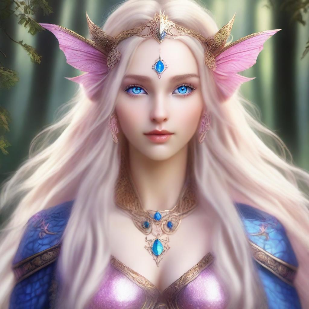 A half elven, draconic sorceress with ash blond hair and slight pink highlights