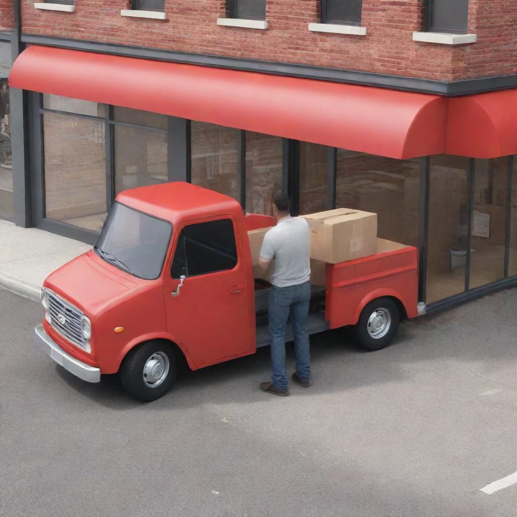 A 3D rendering of a man handing a box to another man inside a store. In the street outside the store, there's a red truck.